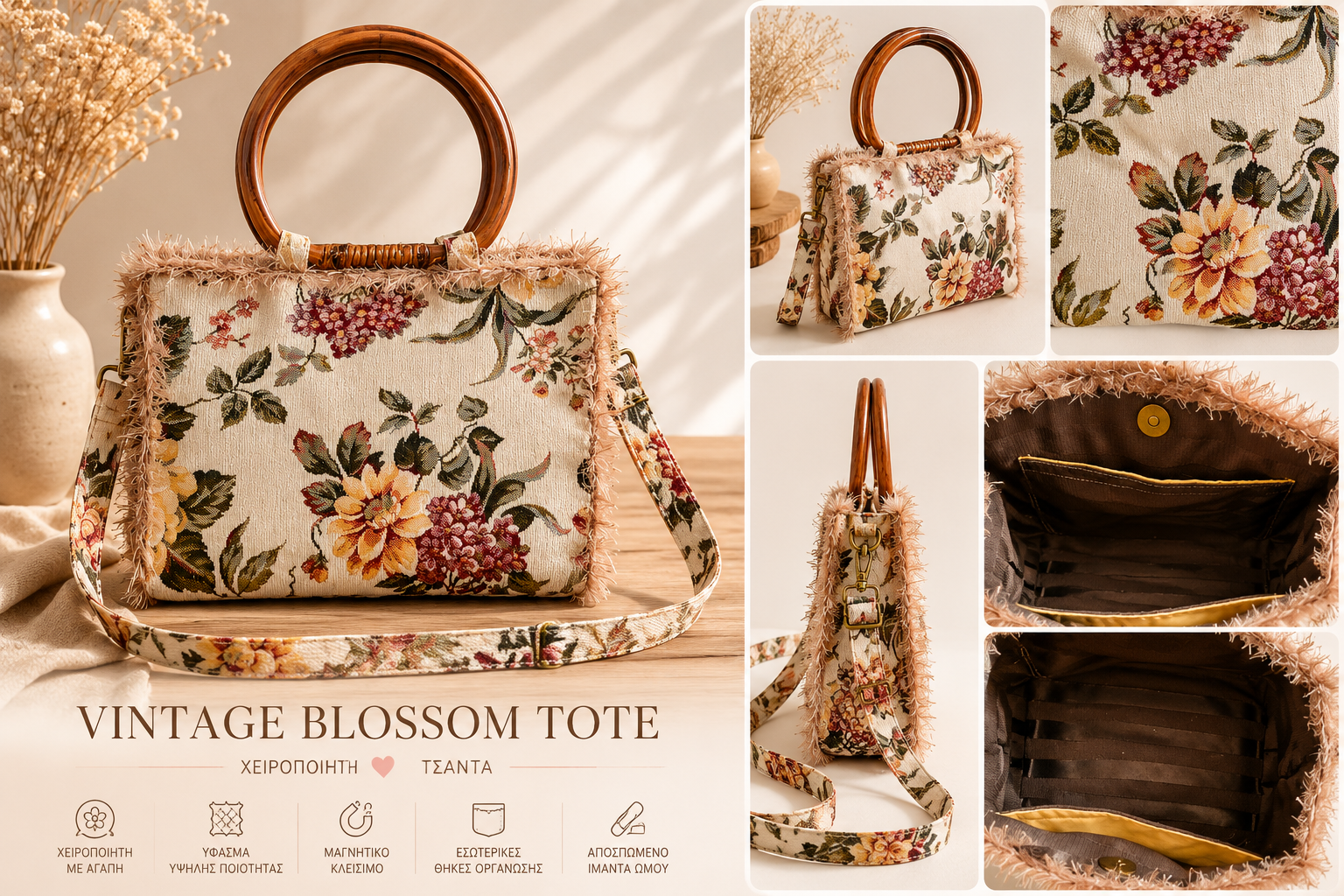 Χειροποίητη τσάντα Vintage Blossom Tote - Image 2